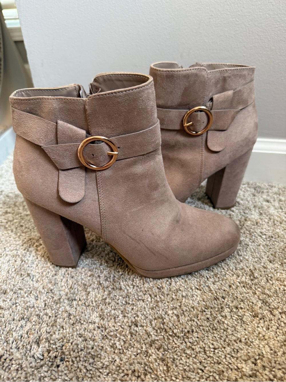 LC Lauren Conrad Taupe Suede Ankle Booties with Gold Ring Accent